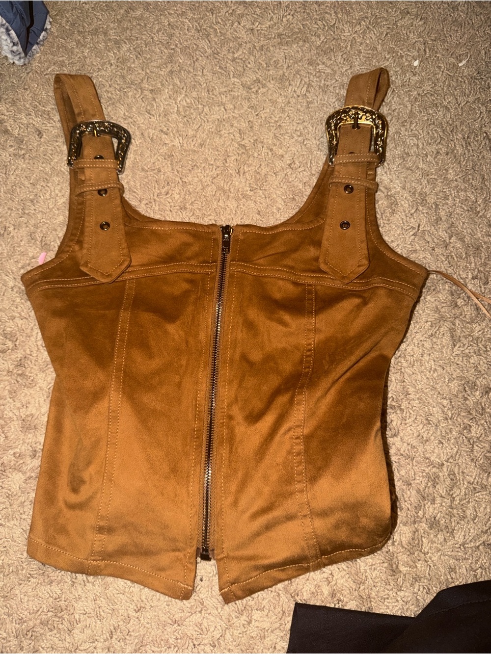 Women's Brown Suede Zip-Front Tank Top with Buckle Straps